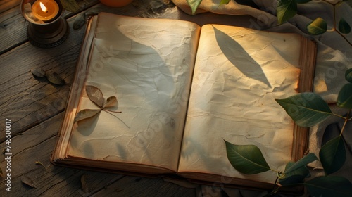 Open ancient old book with empty pages and leaves and candles