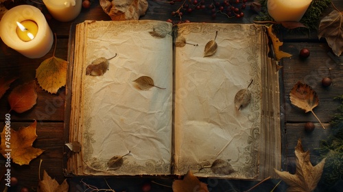 Open ancient old book with empty pages and leaves and candles