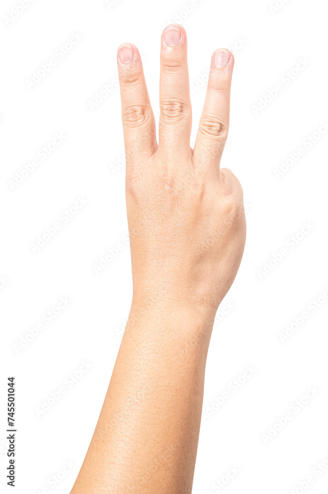 Male hand show finger number three isolated on white background. Male hand show finger number three isolated on white background.