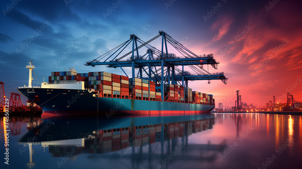 A large container ship docked at a busy industrial port with cranes during a vibrant sunset, reflecting in the water.
