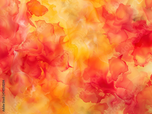 The backdrop is an abstract mix of red and yellow with a mesmerizing fluid art texture, resembling delicate flowers and graceful watercolor strokes.