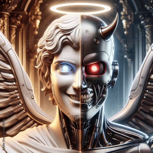 robot'face has two side,one side is angel,another side is demon with Generative AI.