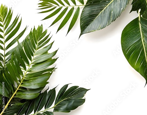 Beautiful green palm and monstera leaves with copy space on white background. Natural floral