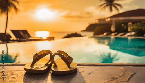 Sandals by luxury resort pool during summer at tropical beach travel destination at sunset