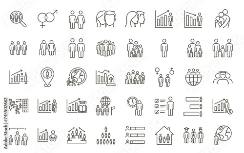 Comprehensive Demographic and Social Trends Icon Set: 40 Thin Line Vector Icons for Population Analysis, Mortality, Longevity, Education, Employment, Gender Diversity, Family Dynamics, and Migration.