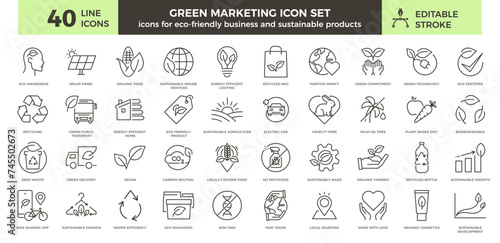 Eco-Friendly Business and Green Marketing: 40 Thin Line Icons Set with Editable Stroke. Perfect for Sustainability, Recycling, Organic and Environmentaly Friendly Products