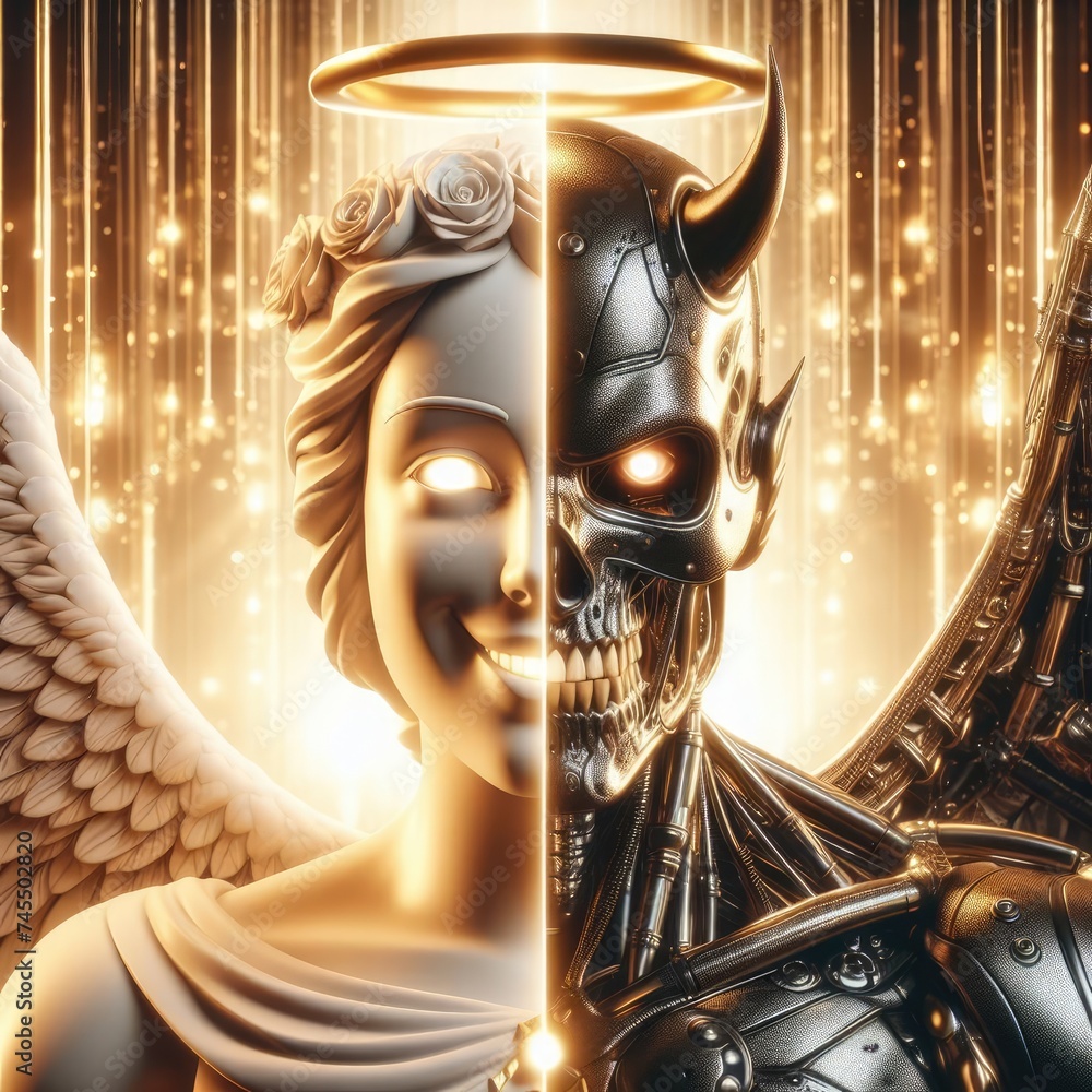 robot'face has two side,one side is angel,another side is demon with Generative AI. robot'face has two side,one side is angel,another side is demon with Generative AI.