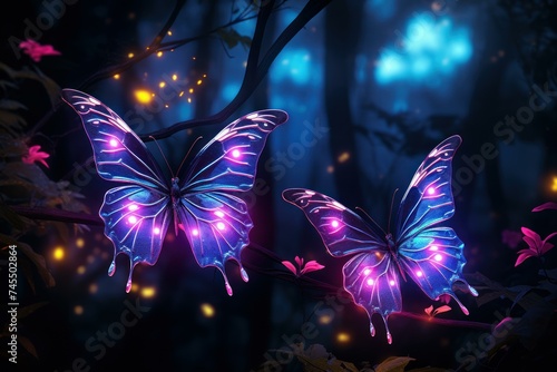 Butterflies night flight. Glowing summer field. Generate Ai