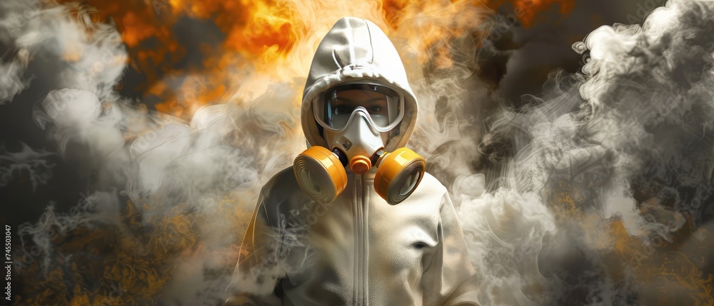 Obraz premium A girl in a gas mask against the background of a fire. A girl breathes through a gas mask surrounded by smoke