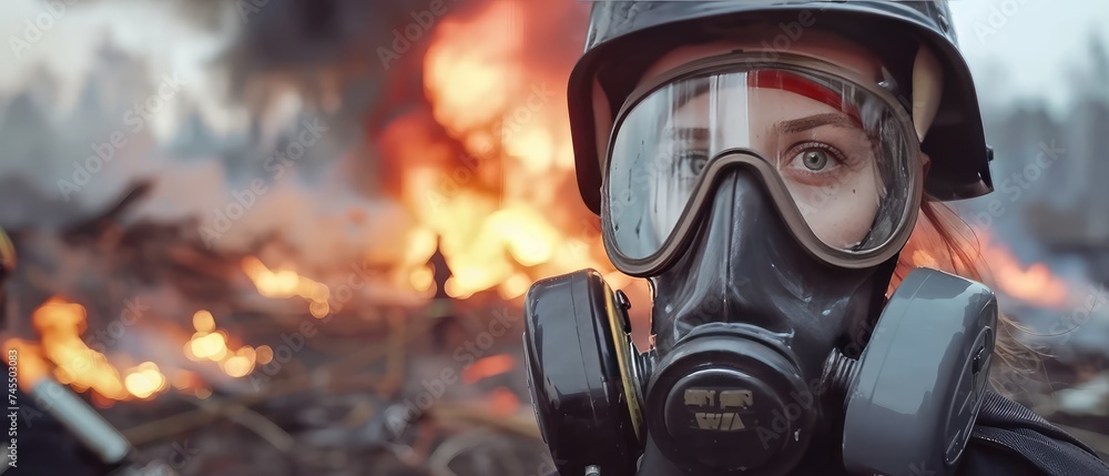 A girl in a gas mask against the background of a fire. A girl breathes through a gas mask surrounded by smoke - obrazy, fototapety, plakaty 