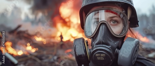 A girl in a gas mask against the background of a fire. A girl breathes through a gas mask surrounded by smoke