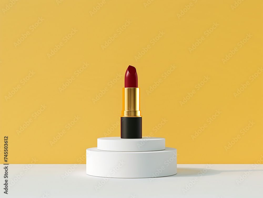 Lipstick on product podium with yellow wall background. Lipstick on product podium with yellow wall background.
