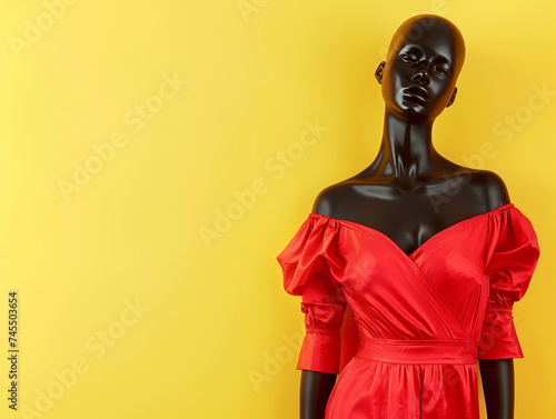Manocanh with red fashion outfit on yellow background.  Fashion theme background. © Story