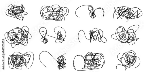 Set of tangled round scribble line. Hand drawn doodle pen style. Messy, chaos, abstract, tangle Vector illustration