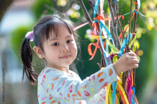 Portrait of a young girl with multi-colored ribbons in a sunny garden setting