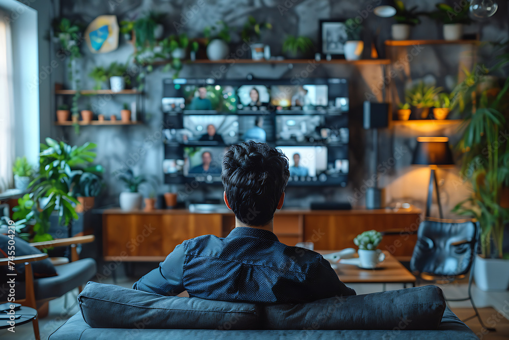 Rear view of worker talking on video call with colleagues at online briefing, holding group conference with colleagues at home
Rear view of worker talking on video call with colleagues at online briefing, holding group conference with colleagues at home