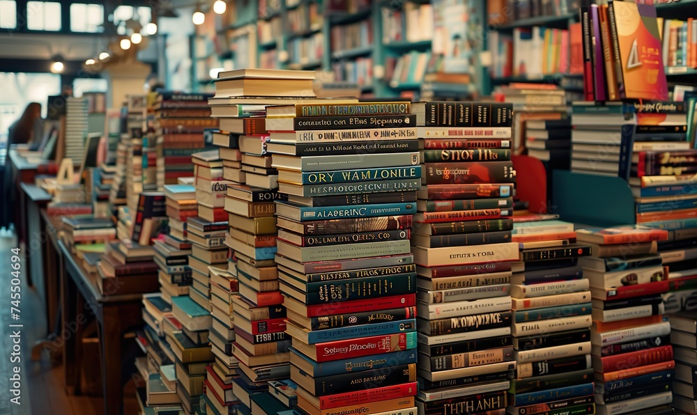 A corner in a bookshop filled with stacks of books A corner in a bookshop filled with stacks of books