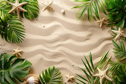 Frame border sand background with tropical leaves and starfish, Top view flat lay design