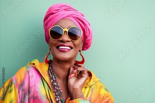 Portrait of a beautiful african american woman wearing sunglasses and turban