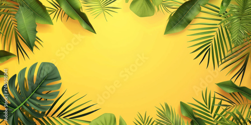Summer background tropical leaves on yellow