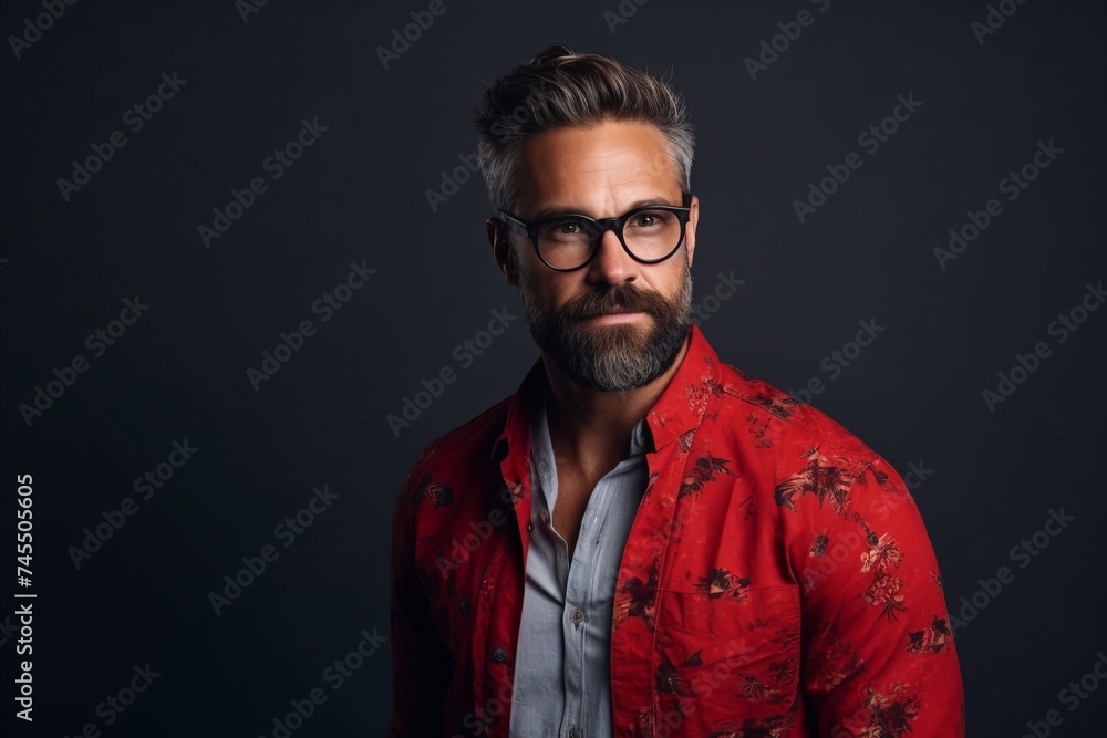 Portrait of a handsome bearded man in a red shirt and glasses.