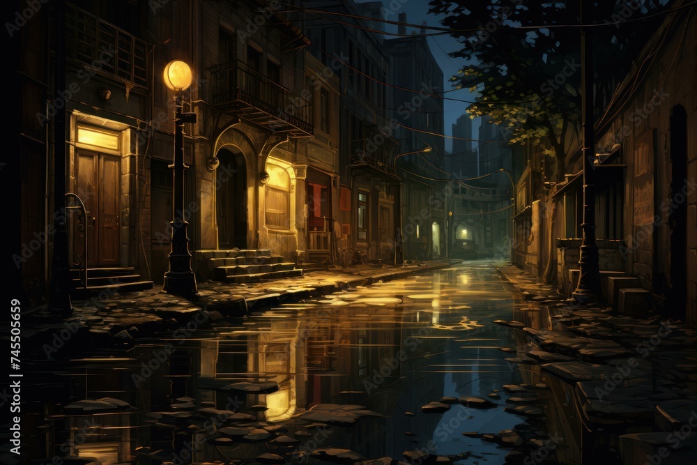 Fototapeta premium City night lights wet. Travel view. Generate Ai