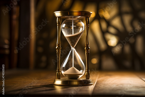 Conceptual representation of time: A brass hourglass with white sand on a polished wooden surface