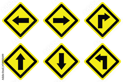 set turn right left forward backward go yellow arrow road traffic warning sign direction icon. exclamation, hazard sign symbol logo design for web mobile isolated white background illustration