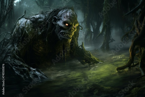 Grotesque Nightmare creature swamp. Evil dead. Generate Ai