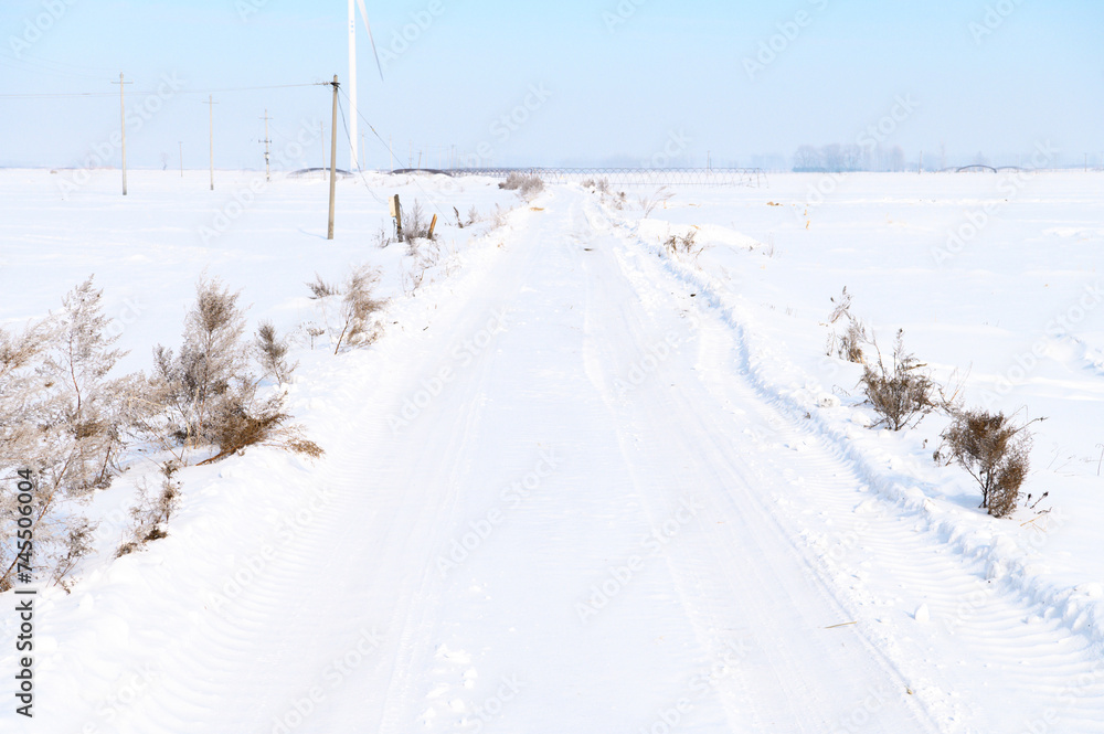 Obraz premium 銀世界への雪道