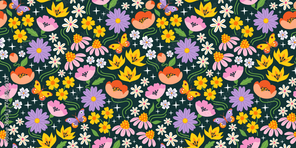 Vector seamless floral pattern in retro style on dark background with flowers and stars. Vivid colourful groovy flower pattern design.