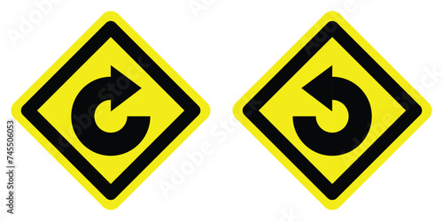 set yellow degree loop right left trun road traffic warning caution sign arrow direction icon. exclamation, hazard sign symbol logo design for web mobile isolated white background illustration