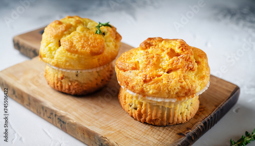 Savory double cheese muffins on a wooden board. White stone background. selective focus and soft blurred edge