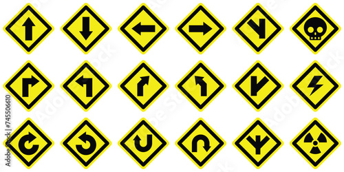 set curve u turn right left forward back yellow degree loop split road danger electric warning sign. exclamation, hazard sign symbol logo design for web mobile isolated white background illustration.
