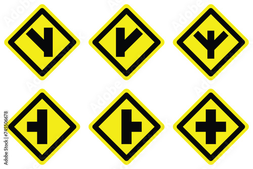 yellow y Intersection junction cross split road traffic sign arrow direction icon. exclamation, hazard sign symbol logo design for web mobile isolated white background illustration.