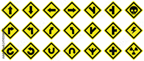 set curve u turn right left forward back yellow junction loop split road danger warning sign. exclamation, hazard sign symbol logo design for web mobile isolated white background illustration.