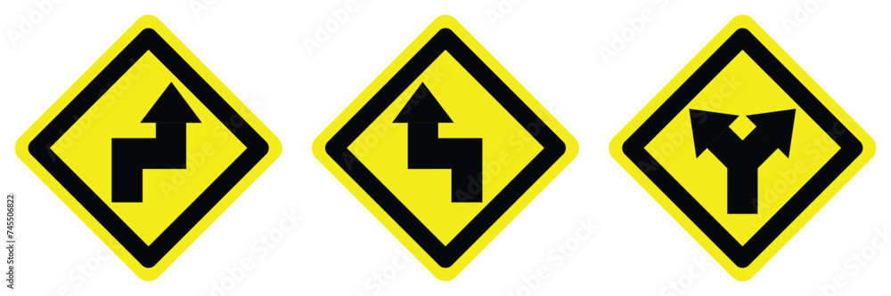 set yellow double sharp turns right left arrow split road traffic warning caution sign direction icon. exclamation, hazard sign symbol logo design for web mobile isolated white background illustration set yellow double sharp turns right left arrow split road traffic warning caution sign direction icon. exclamation, hazard sign symbol logo design for web mobile isolated white background illustration