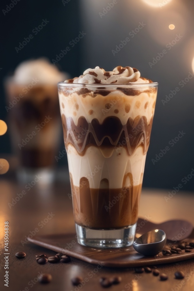 an iced coffee with whipped cream and chocolate drizzle an iced coffee with whipped cream and chocolate drizzle