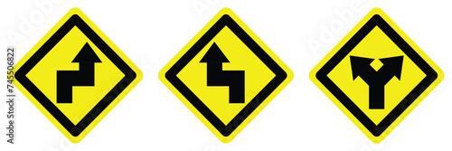 set yellow double sharp turns right left arrow split road traffic warning caution sign direction icon. exclamation, hazard sign symbol logo design for web mobile isolated white background illustration