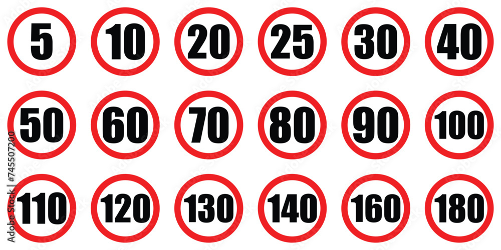 set maximum road Prohibitory sign shows caution warning traffic speed limit kilometres per hour. Speedometer indicators warning coution symbol collection for web mobile isolated white background set maximum road Prohibitory sign shows caution warning traffic speed limit kilometres per hour. Speedometer indicators warning coution symbol collection for web mobile isolated white background
