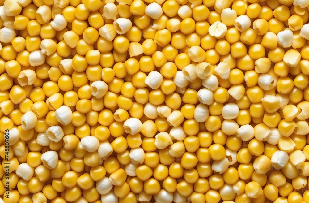 Yellow grain corn isolated on white background and texture for popcorn top view. Copy space image. Place for adding text Yellow grain corn isolated on white background and texture for popcorn top view. Copy space image. Place for adding text
