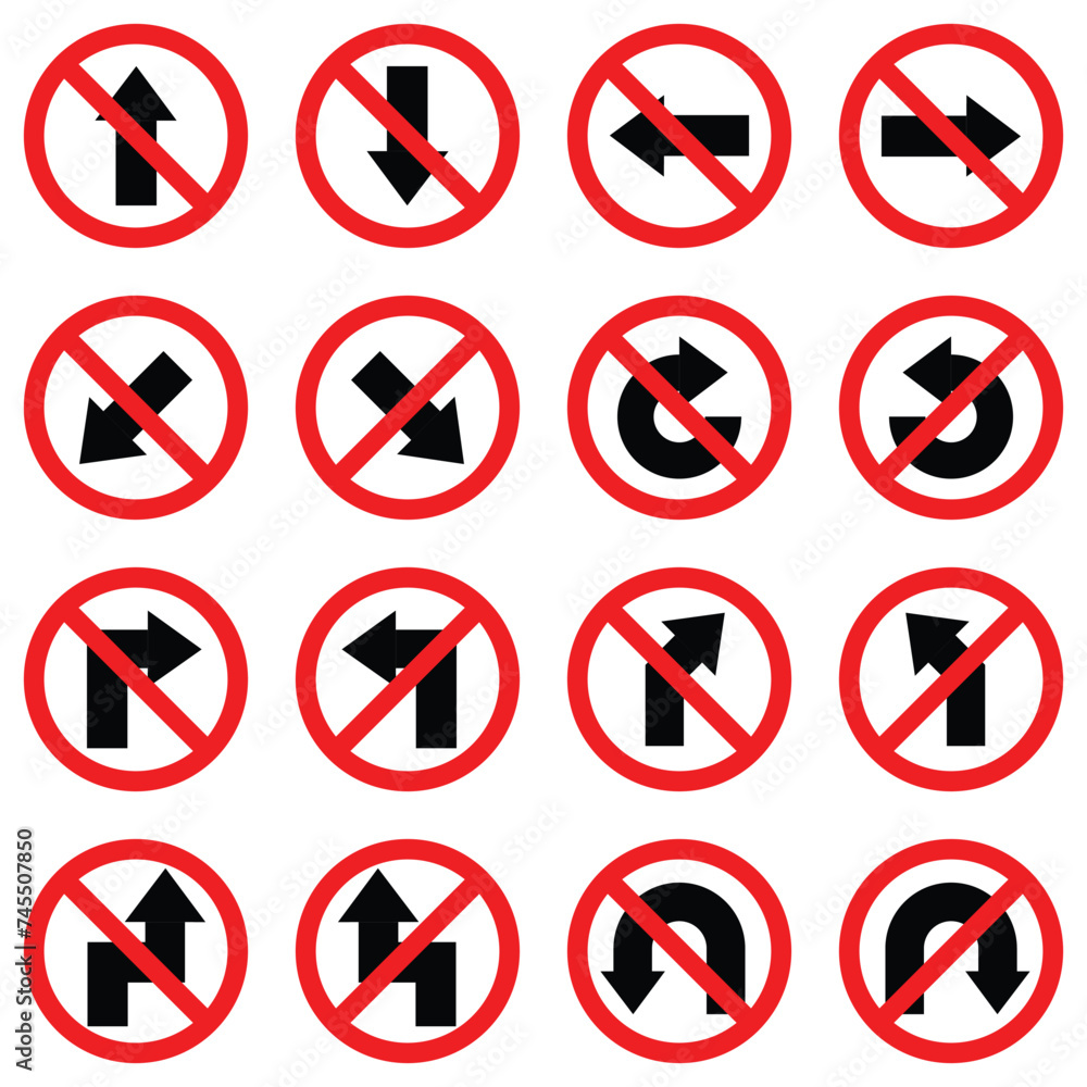 set u sharp turn curve keep right left straight back arrow road traffic red prohibitory sign icon. warning primited cross road symbol logo design for web mobile isolated white background illustration. set u sharp turn curve keep right left straight back arrow road traffic red prohibitory sign icon. warning primited cross road symbol logo design for web mobile isolated white background illustration.