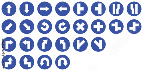 set blue mandatory junction narrows split road traffic warning caution sign arrow direction icon. warning primited cross road symbol logo design for web mobile isolated white background illustration.