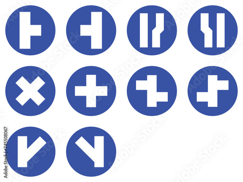 set blue mandatory junction sign u sharp turn curve keep right left straight back road traffic icon, warning primited cross road symbol design for web mobile isolated white background illustration.