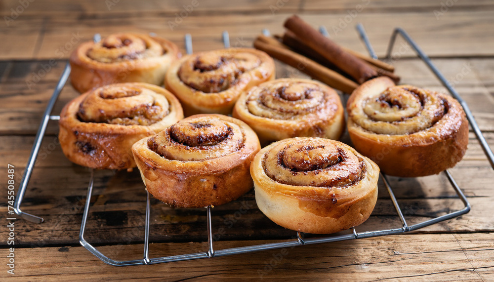 Classic cinnamon rolls - cinnamon won a wire rack. Wooden background. selective focus Classic cinnamon rolls - cinnamon won a wire rack. Wooden background. selective focus