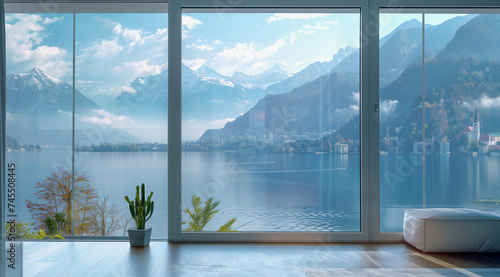 a window view of lake and mountains with curtains © alex