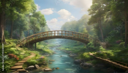 Step into a world of vibrant greenery and serene waters, as a picturesque bridge leads you deeper into the heart of the forest.