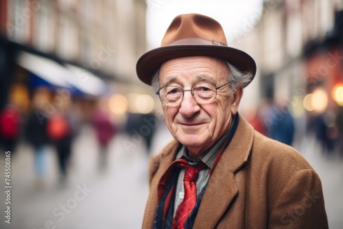 Portrait of an elderly man in a hat on a city street