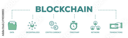 Blockchain banner web icon illustration concept with icon of data, decentralized, crypto currency, timestamp, network and transactions icon live stroke and easy to edit 