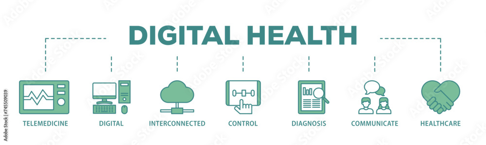 Digital health banner web icon illustration concept with icon of e health, telemedicine, interconnected, smartwatch, diagnosis, email, and medical app icon live stroke and easy to edit Digital health banner web icon illustration concept with icon of e health, telemedicine, interconnected, smartwatch, diagnosis, email, and medical app icon live stroke and easy to edit